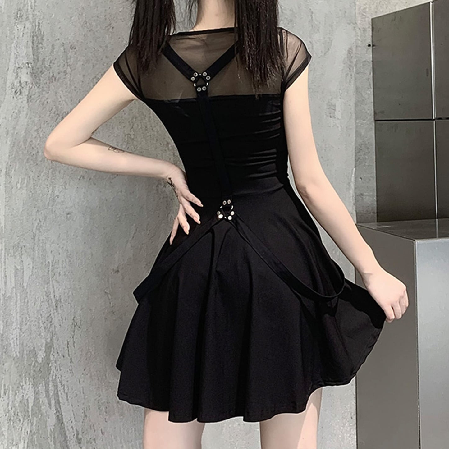 Women Gothic Dress Black mesh Summer Sexy Mini Dress Hipster Vintage high Waist Street Party Dress X-Large