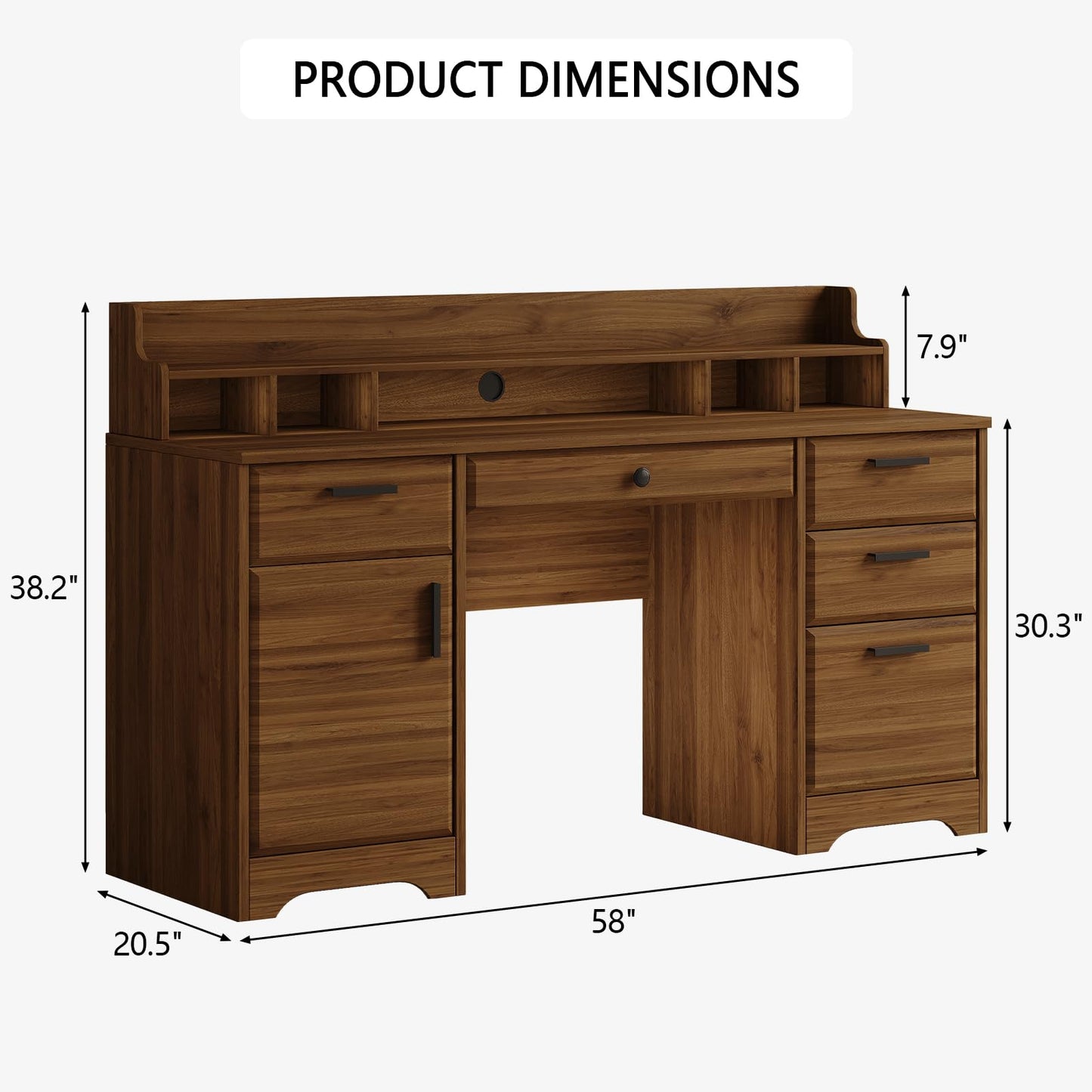 58 Inch Executive Desk with File Drawers, Computer Desk with Storage, Home Office Desk with Storage Cabinet for Bedroom, Rustic Brown