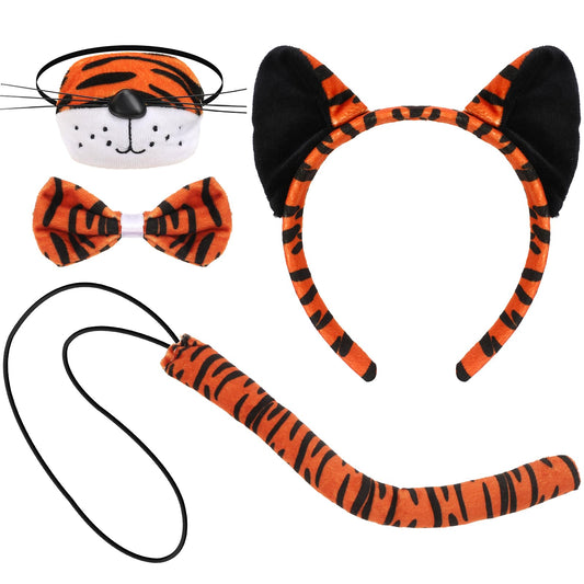 XEPST Animal Tiger Costume Set, Tiger Ears and Tail Set with Ears Headband Tail Nose Bowtie for Animal Costume Cosplay Birthday Party Halloween Fancy Dress Party Supplies, B