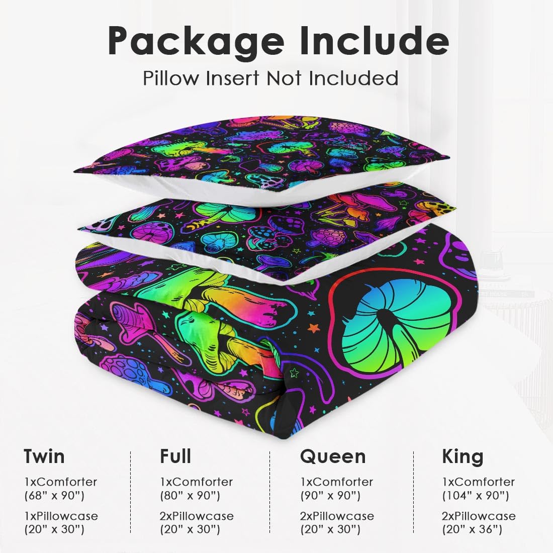WeCozy Queen Size Comforter Set with 2 Pillowcases, Summer Halloween Mushroom Neon Soft 3 Pcs Bedding for Kids and Adults Bedroom Bed Decor