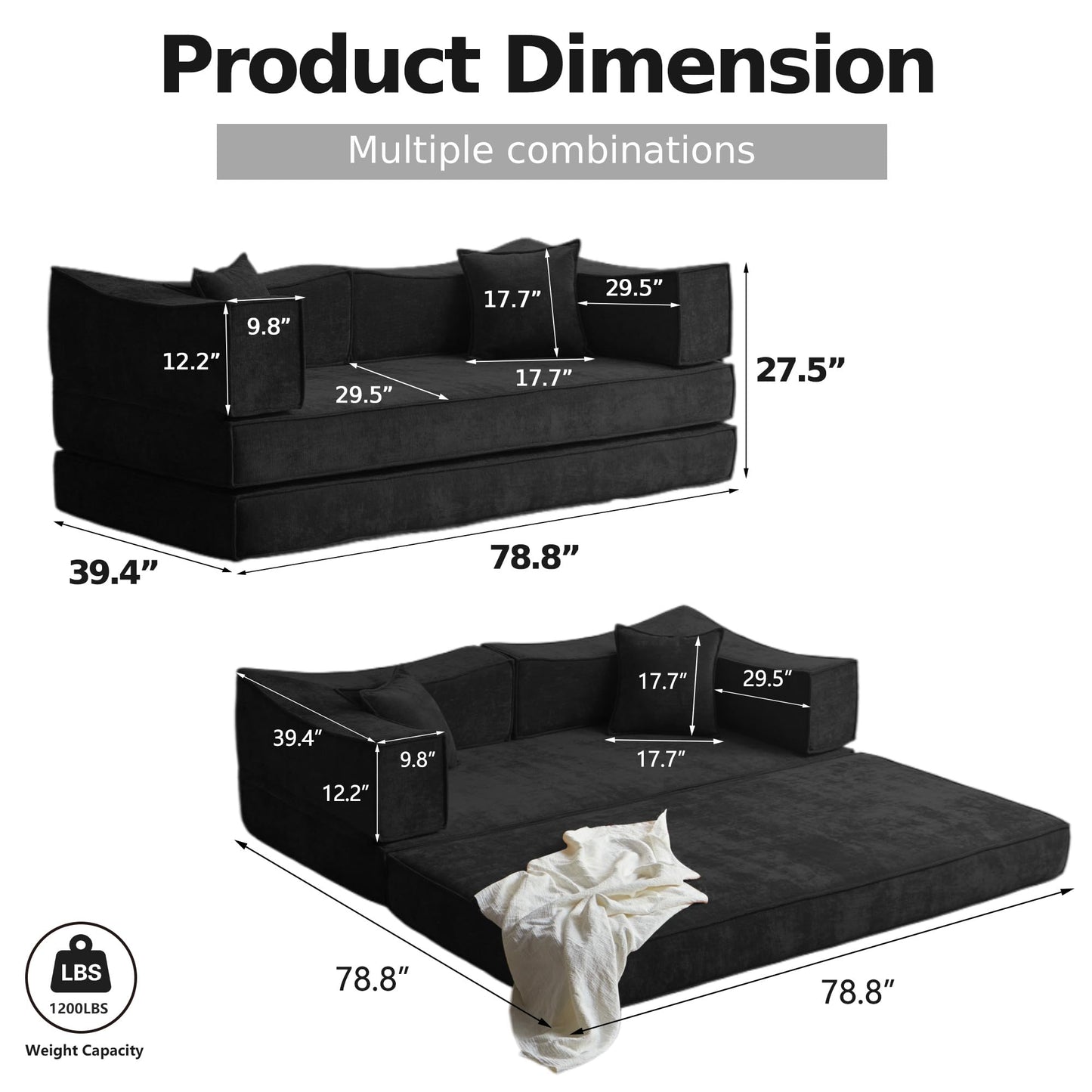 78.8''Convertible Floor Sofa Bed Combination Modular Boneless Couch Compression Sofa Couch Foldable Lazy cama for LivingRoom，Bedroom（Black）