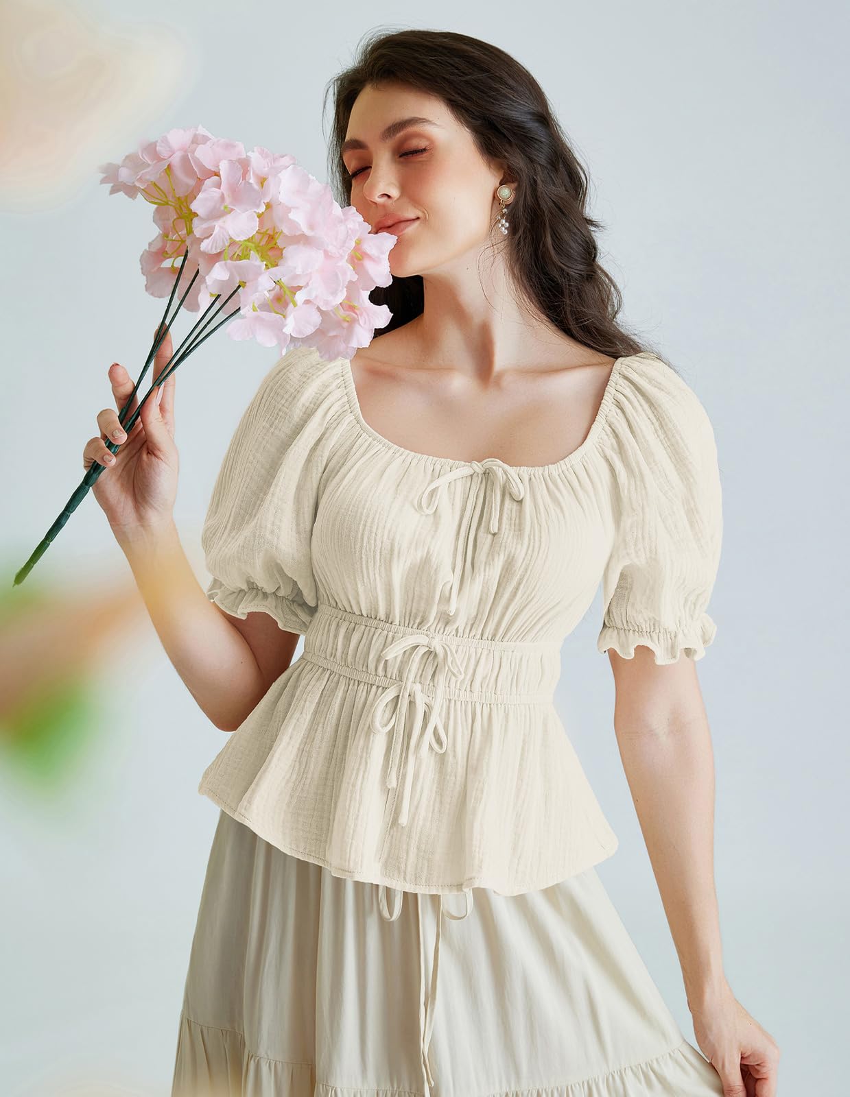 Women Peasant Blouse Renaissance Pirate Short Sleeve Shirt Tops Apricot M