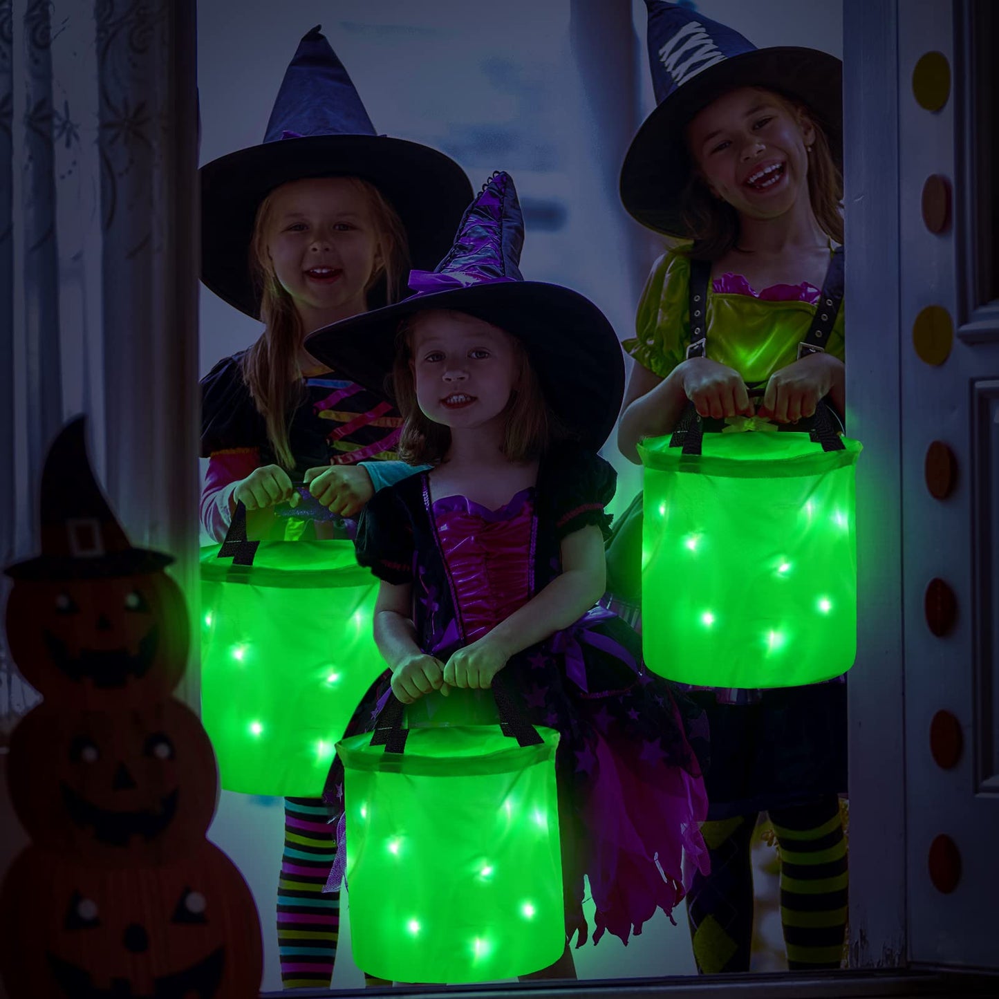 2 Pieces LED Light Halloween Candy Bags Light Up Halloween Party Bags Multipurpose Reusable Halloween Bucket Trick or Treat Bags for Halloween(Green)