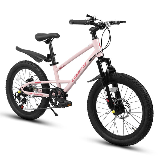20 Inch Kids Mountain Bike for Boys Girls, 7-Speed Children Mountain Bike with Front Suspension, Dual Disc Brakes and Fender, Steel Frame Kids Bicycle for Ages 6-12 Years Old Birthday Gift, Pink