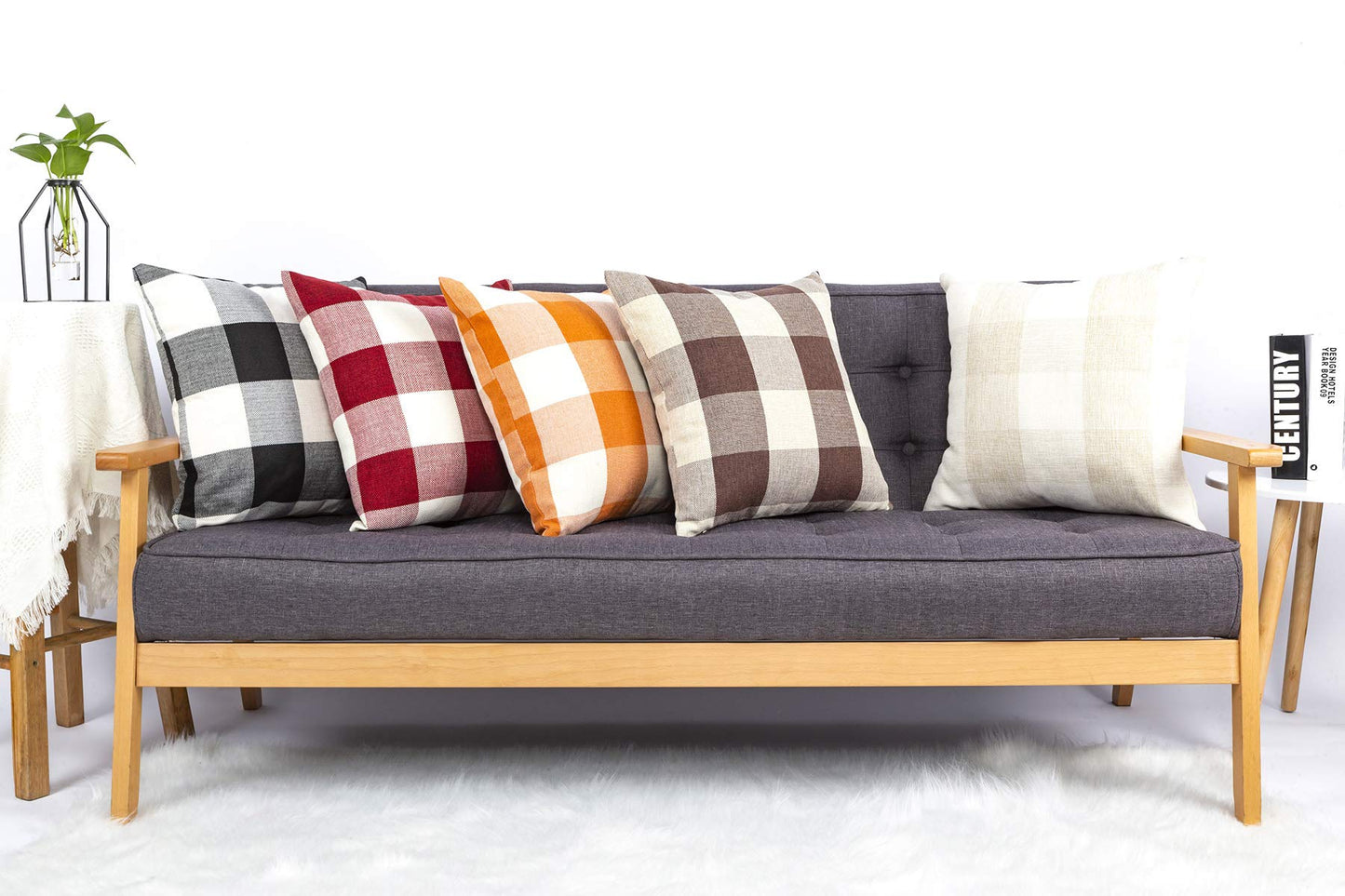4TH Emotion Set of 2 Farmhouse Buffalo Check Plaid Throw Pillow Covers Cushion Case Polyester Linen for Fall Home Decor Orange and White, 18 x 18 Inches