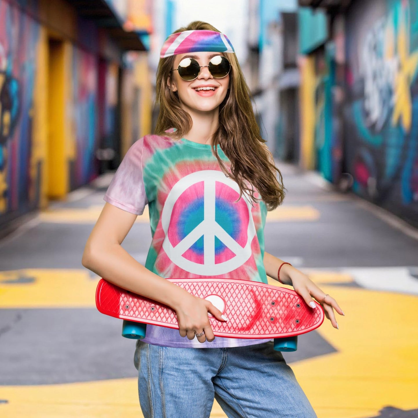 XonyiCos Hippie Costume for Women 60s and 70s colorful T-shirt and headband 2-piece theme party (Peace White Green Blue, X-Large)
