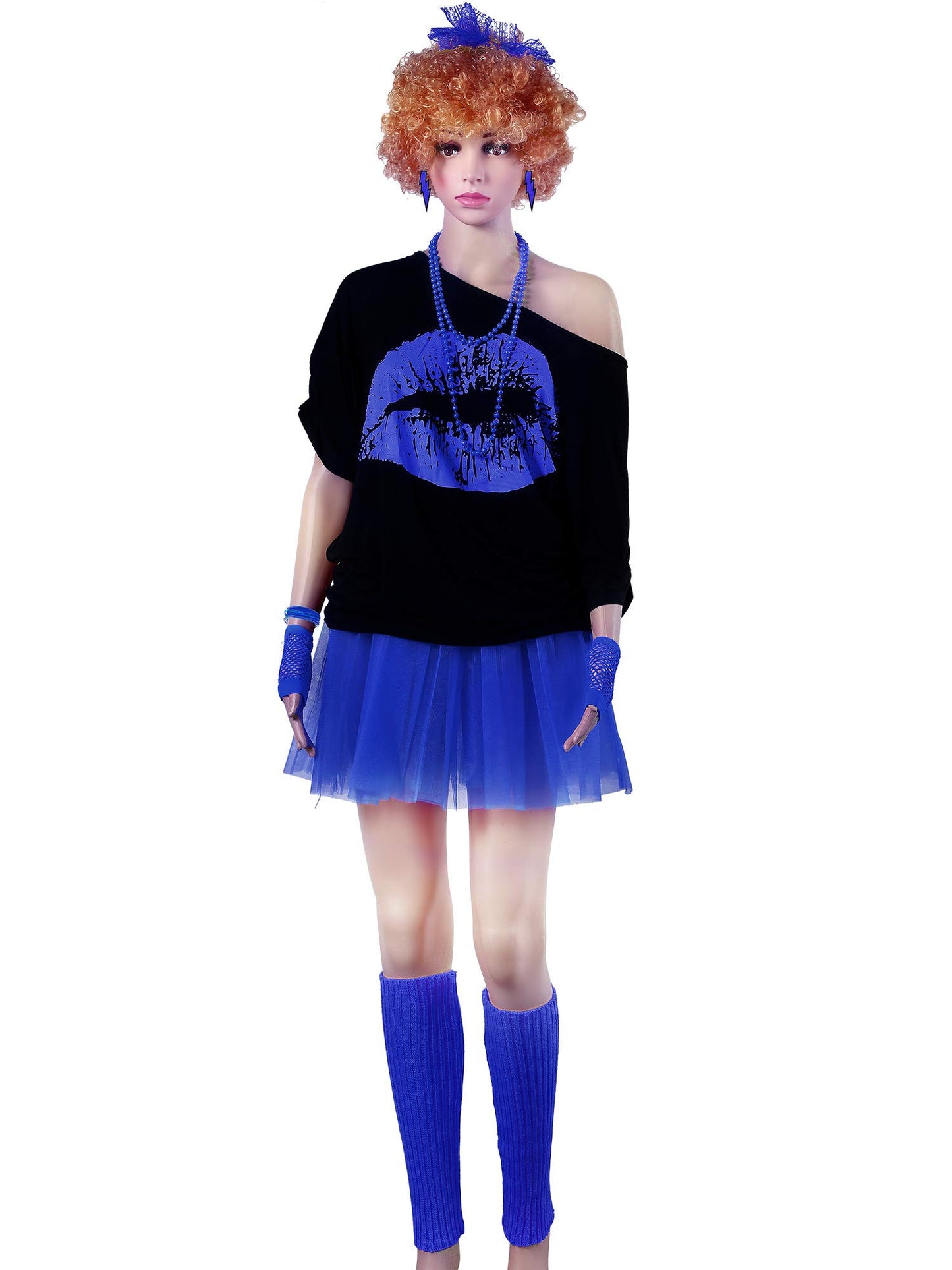 Women's 80s Costume Accessories Set, Lips Print T-Shirt Adult Tutu Skirt Lace Headband Neon Earrings Necklace Leg Warmers Fishnet Gloves Bracelet (Royalblue, XXL)