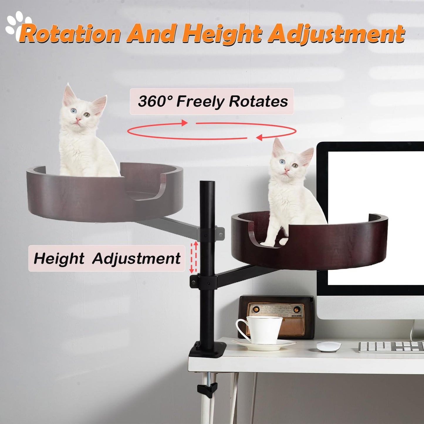 XZKING Cat Desk Bed- Adjustable Wooden Cat Bed for Home Office and Study Rooms, Desktop Kitten Furniture Attachment with Pet Mat, Ball, Mouse (Large)