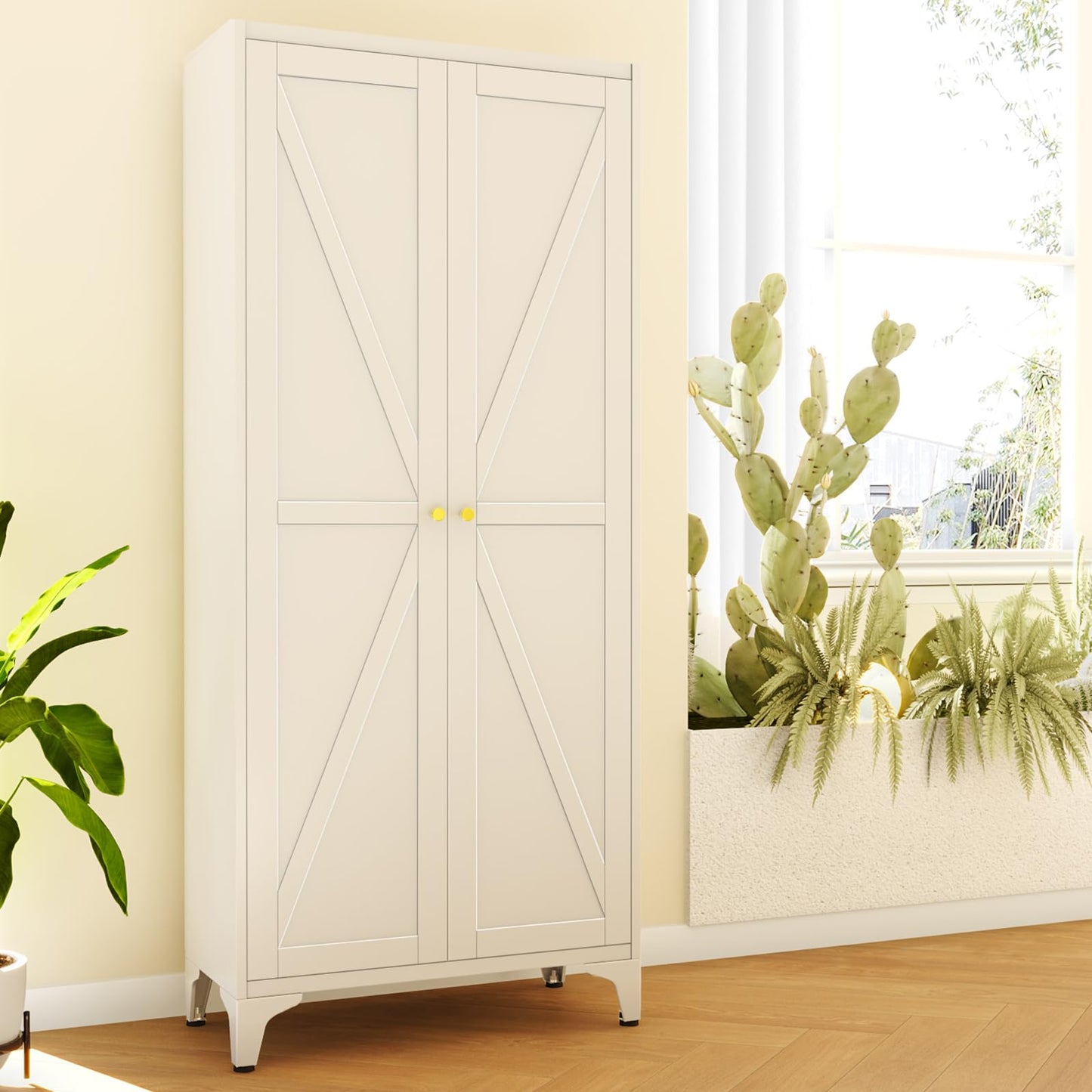 65" Tall Kitchen Cabinet,Food Pantry Cabinets with Doors and Adjustable Shelves,White Metal Storage Cabinets,Large and Portable Arganization Cabinet for Pantries Kitchen Living Room Bathroom
