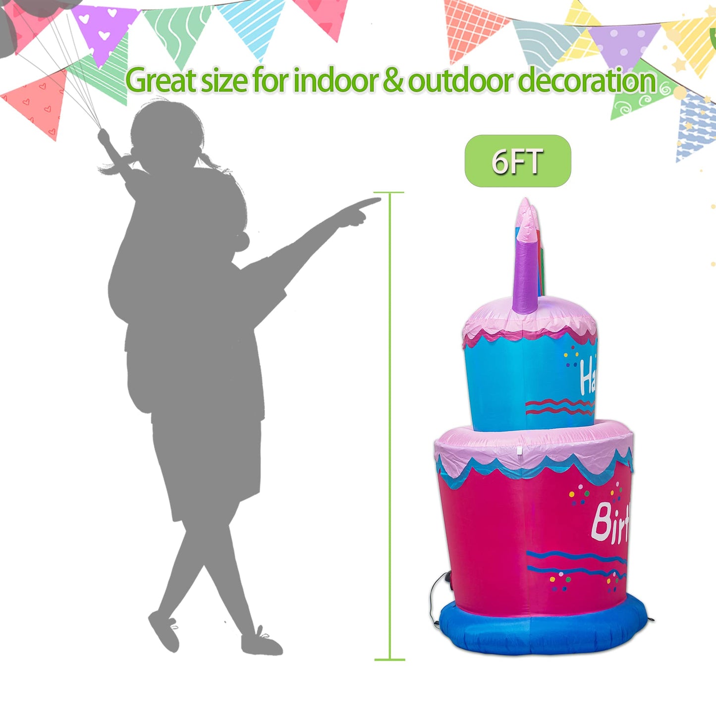 6FT Inflatable Birthday Cake Decoration,Birthday Blow up Cake Outdoor Decor with LED Lights，Light-up Happy Birthday Sign for Yard Lawn, Inflatable Outdoor Holiday Yard Decoration(Blue & Pink)