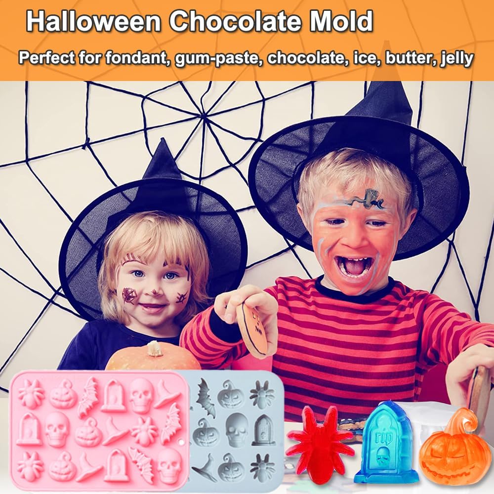2 Pack Halloween Chocolate Mold Pumpkin Bat Skull Tomb Spider Shape Silicone Mold for Chocolate Candy Gummy Jello Ice Cube Melt Biscuits Cake Decoration Silicone Baking Mold Making Kit for Kids