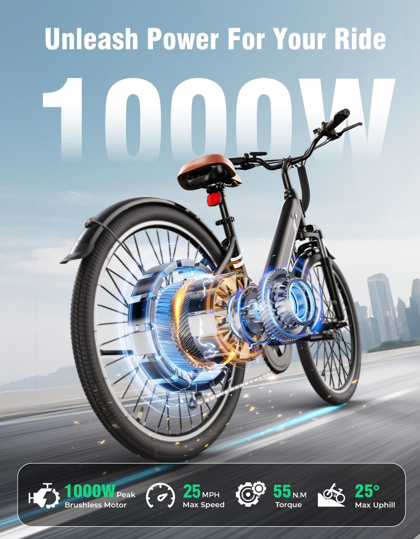 YOLOWAY Electric Bike for Adults, 26" Up to 1000W Peak Motor E-Bike, 25 Mph 40+ Mile Range Brushless City E-Bike, with 360Wh Removable Battery, 7 Speeds & Front Suspension for Commuting, Outdoor