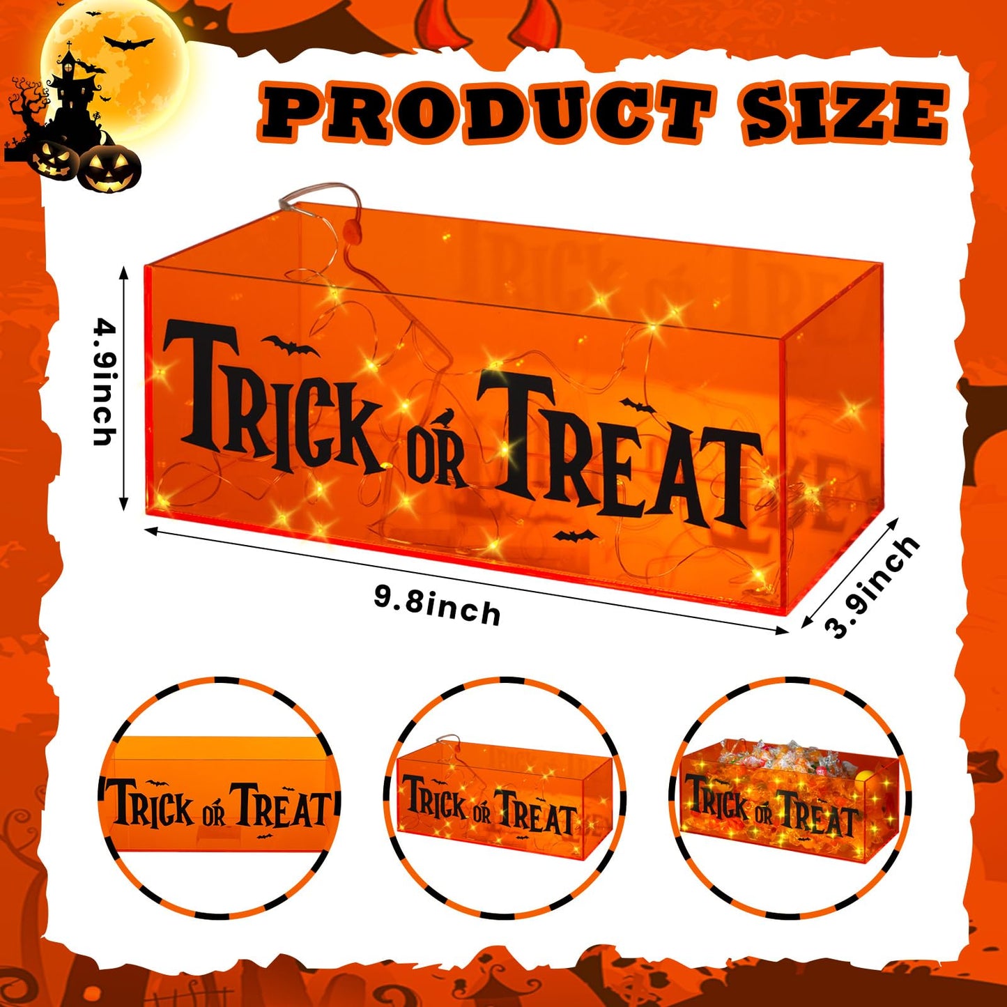 Wenqik 1 Set Halloween Candy Bowl with Light Battery Box Light Up Trick or Treat Candy Box Dish Holder for Halloween Decor Party Supplies Serving Gift (Orange)