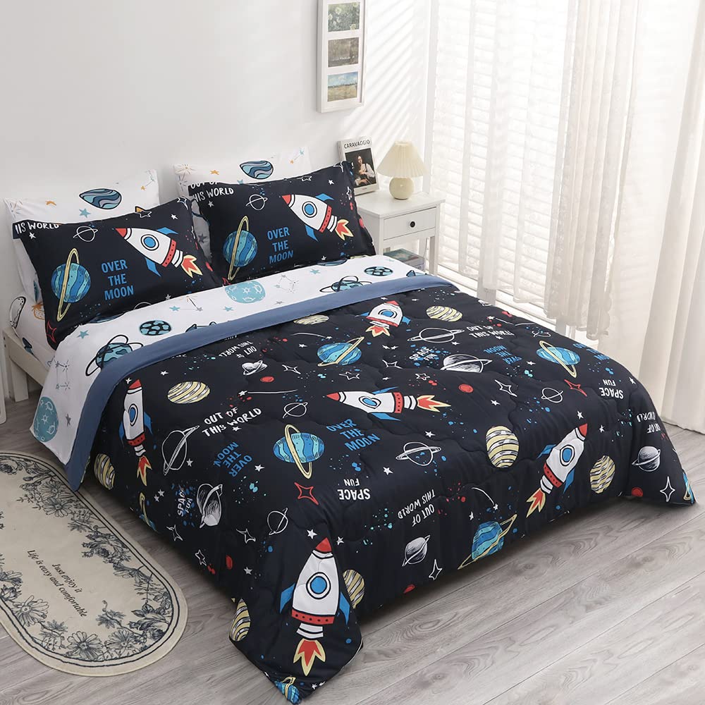 Wajade Kids Space Comforter Set Bed in A Bag Full Size 7 Piece 3D Space Rocket Planets Bedding Set for Teens Boys Girls (1 Comforter, 1 Flat Sheet, 1 Fitted Sheet, 2 Pillowcase and 2 Pillow Sham)
