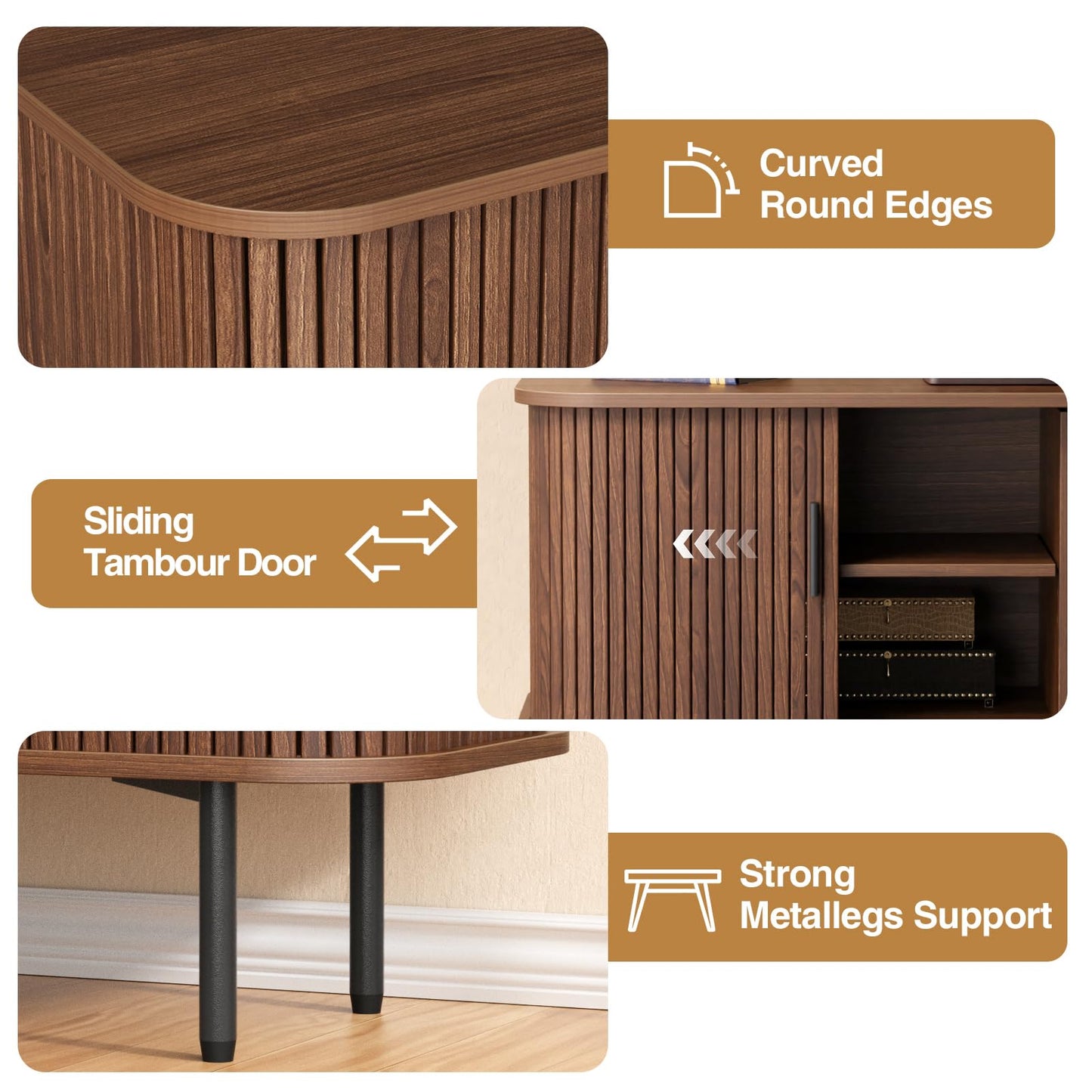47''W x 32''H Walnut Storage Cabinet, Fluted Sideboard Buffet Cabinet with Storage, Console Table Credenza with Tambour Slatted Sliding Doors, TV Stand for Living Room, Kitchen