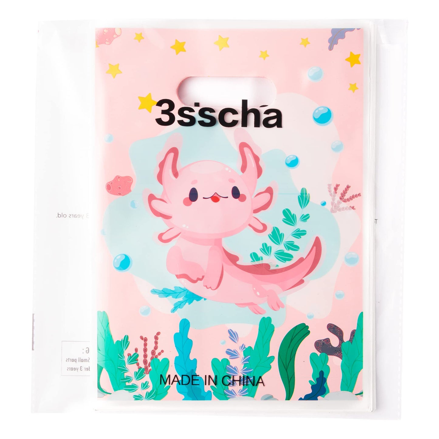 3sscha 50Pcs Axolotl Party Favor Bags Amphibian Themed Waterproof Goodie Bag with Die Cut Handles Reptile Animals Water Plants Plastic Candy Gift Pack for Baby Girl Birthday Baby Shower Decors Supplies