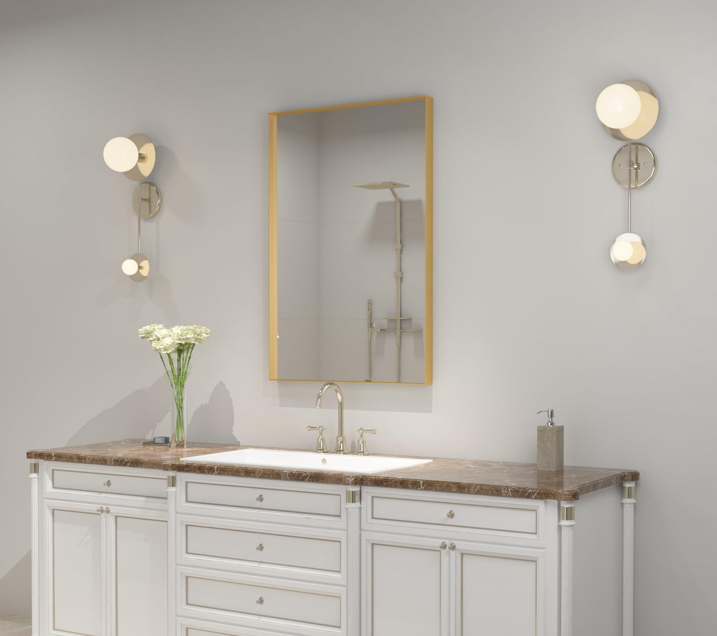 VocalStar 22 x 30 Inch Gold Bathroom Mirror, Square Corner Rectangle Brass Metal Framed Bathroom Vanity Mirrors for Wall, 1/4-inch Shatterproof Glass | Ultra-Flush Hanging