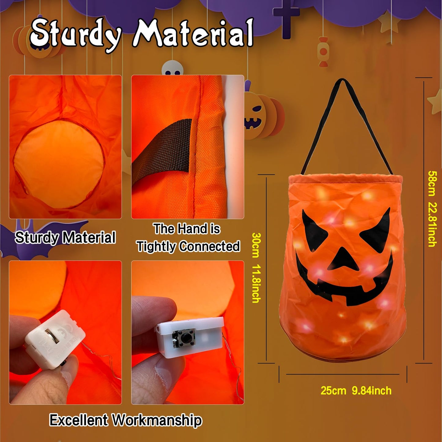 3PCS LED Light Halloween Candy Bags Light Up Halloween Party Bags Trick or Treat Goody Buckets with Pumpkin Smile Face Multipurpose Reusable Halloween Favor Gift Bags for Party Supplies Favors