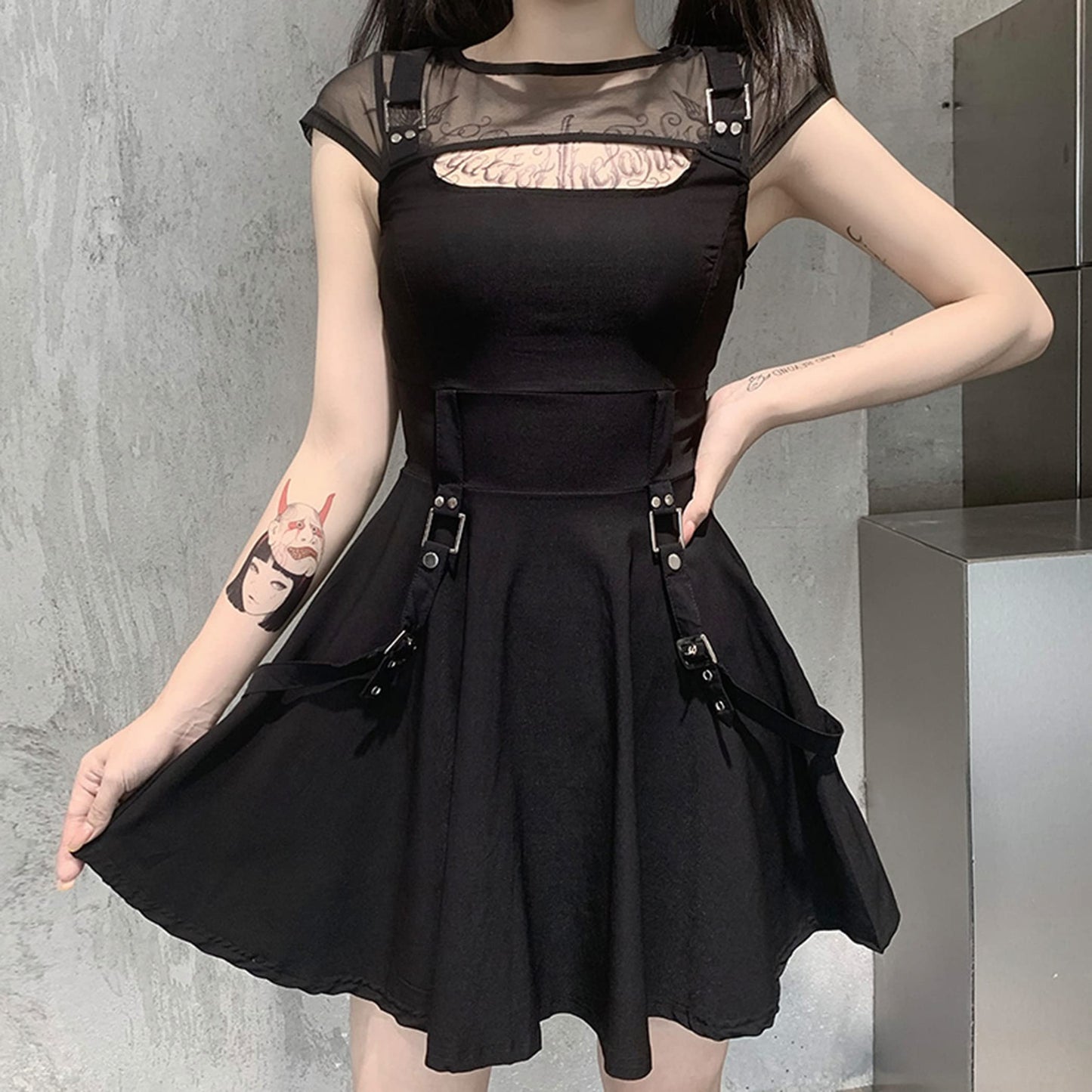 Women Gothic Dress Black mesh Summer Sexy Mini Dress Hipster Vintage high Waist Street Party Dress X-Large