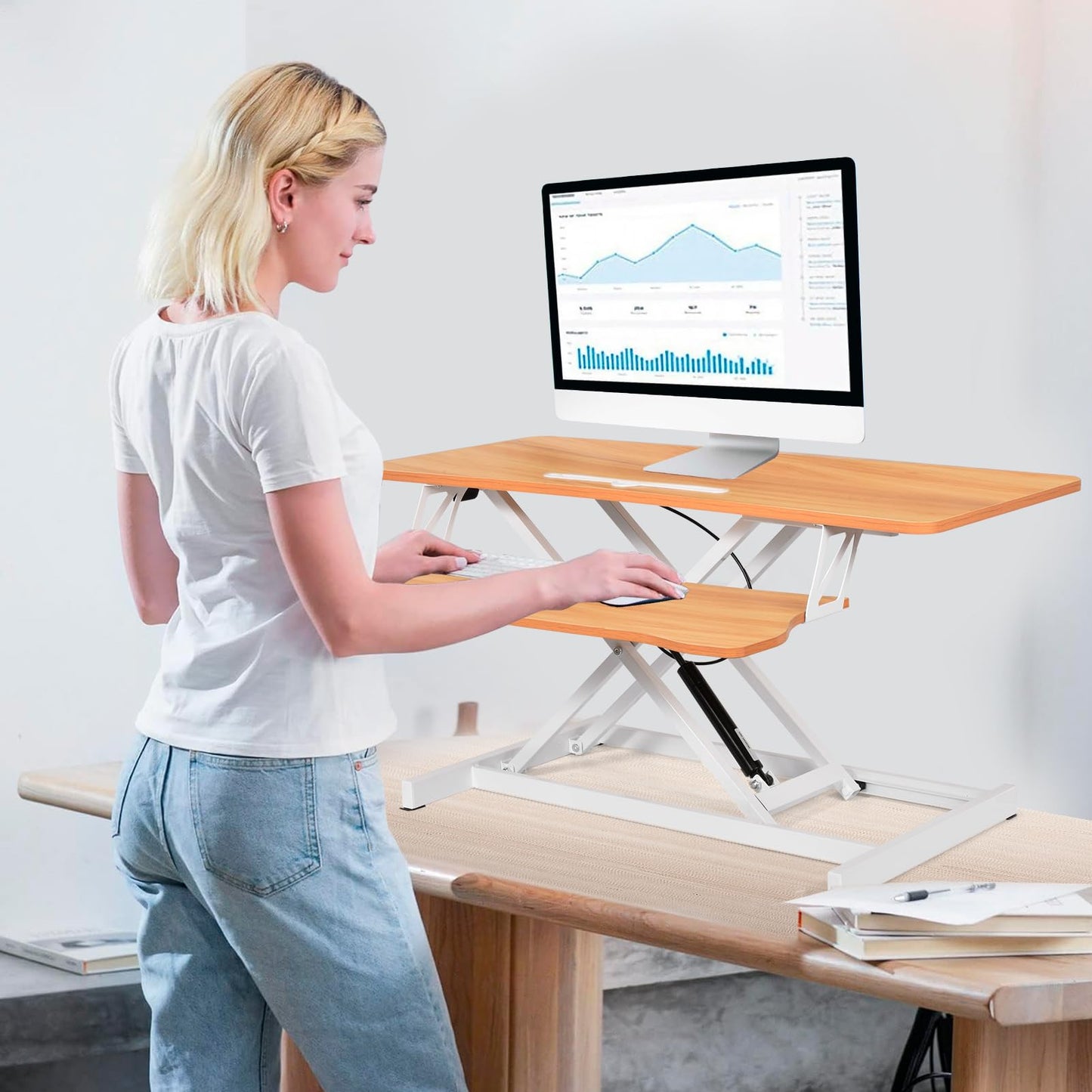 37 Inch Standing Desk Converter - Manual Pneumatic Spring, Two Monitor Stable Standing Desk Converter,5.9” To 18.8” Height Adjustable Laptop Workstation With Keyboard Tray For Home, Company(Log Color)