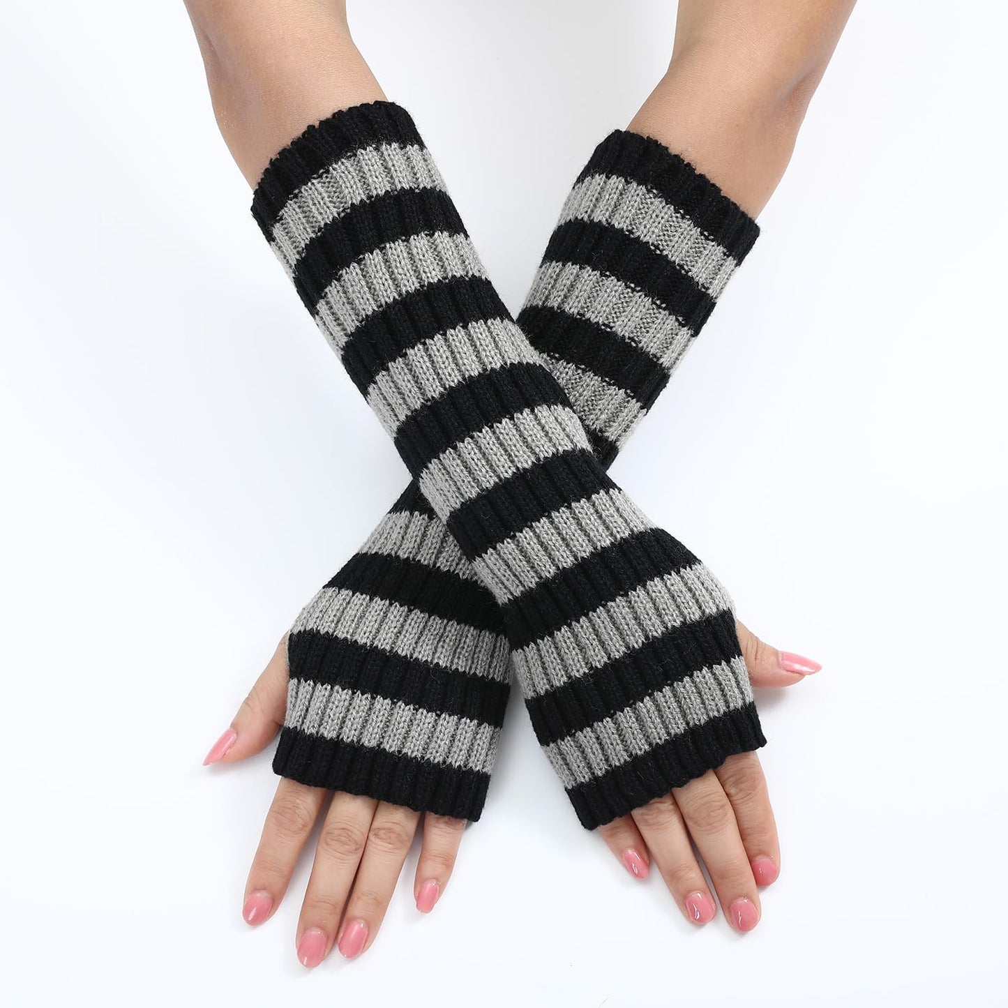 Y2k Striped Arm Warmers Long Fingerless Knitted Gloves Punk Gothic Alt Emo Scene Cool Winter Arm Sleeves Grunge Accessories (Gray,One Size)