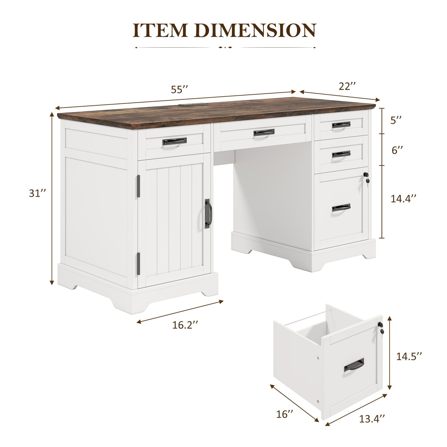 Whalefall 55'' Farmhouse Desk Home Office with Drawers, Executive Computer Desk Wooden with File Cabinet and Charging Station, White