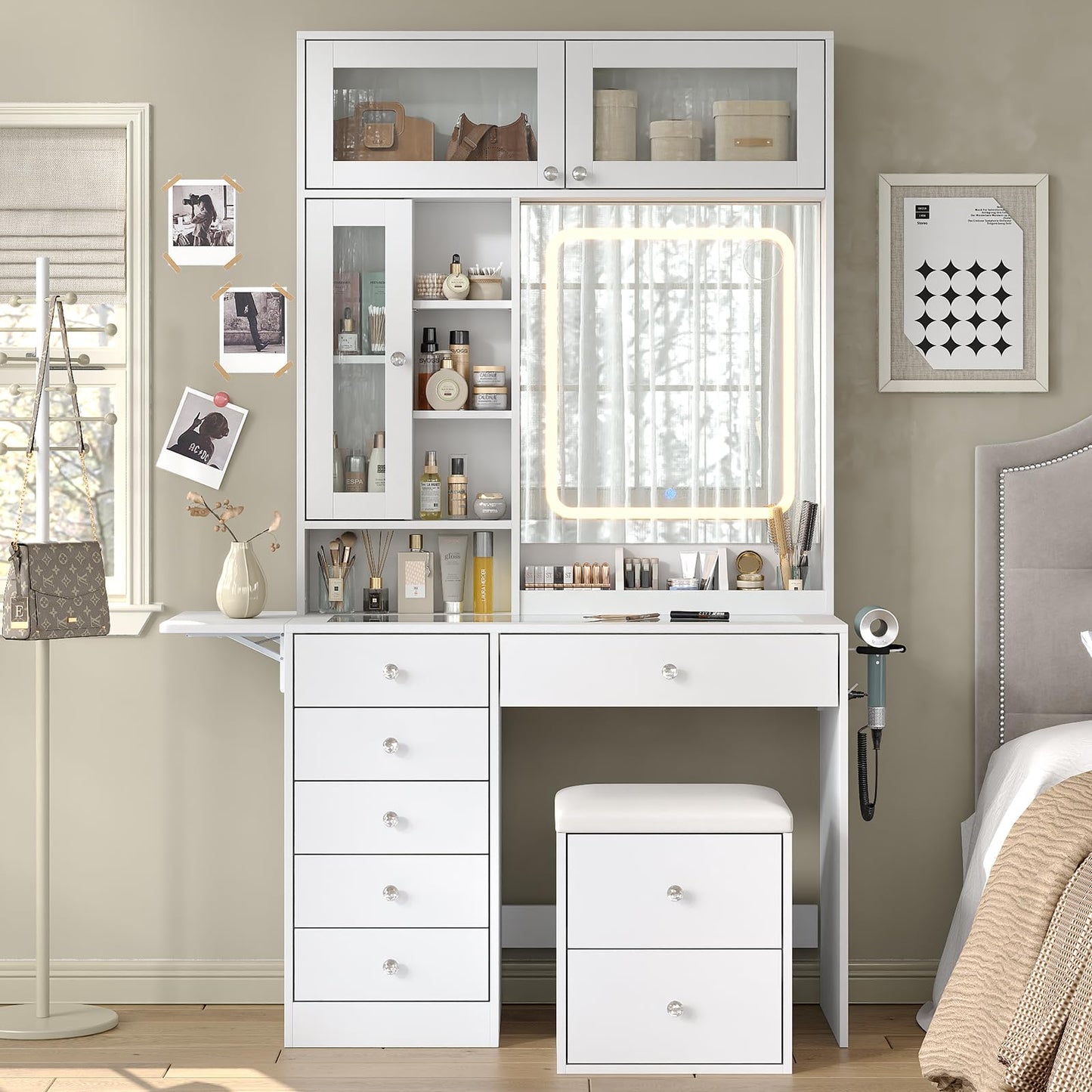 Yanosaku Vanity Desk with LED Mirror, 8 Drawers Makeup Vanity with 7 Shelves & 3 Cabinets, Fold-up Panel & Storage Stool, Dressing Table with Power Outlet, Glass Top Vanity Set for Bedroom, White