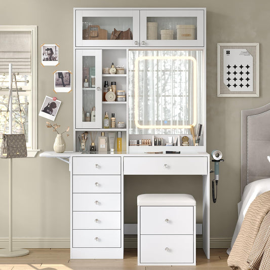 Yanosaku Vanity Desk with LED Mirror, 8 Drawers Makeup Vanity with 7 Shelves & 3 Cabinets, Fold-up Panel & Storage Stool, Dressing Table with Power Outlet, Glass Top Vanity Set for Bedroom, White