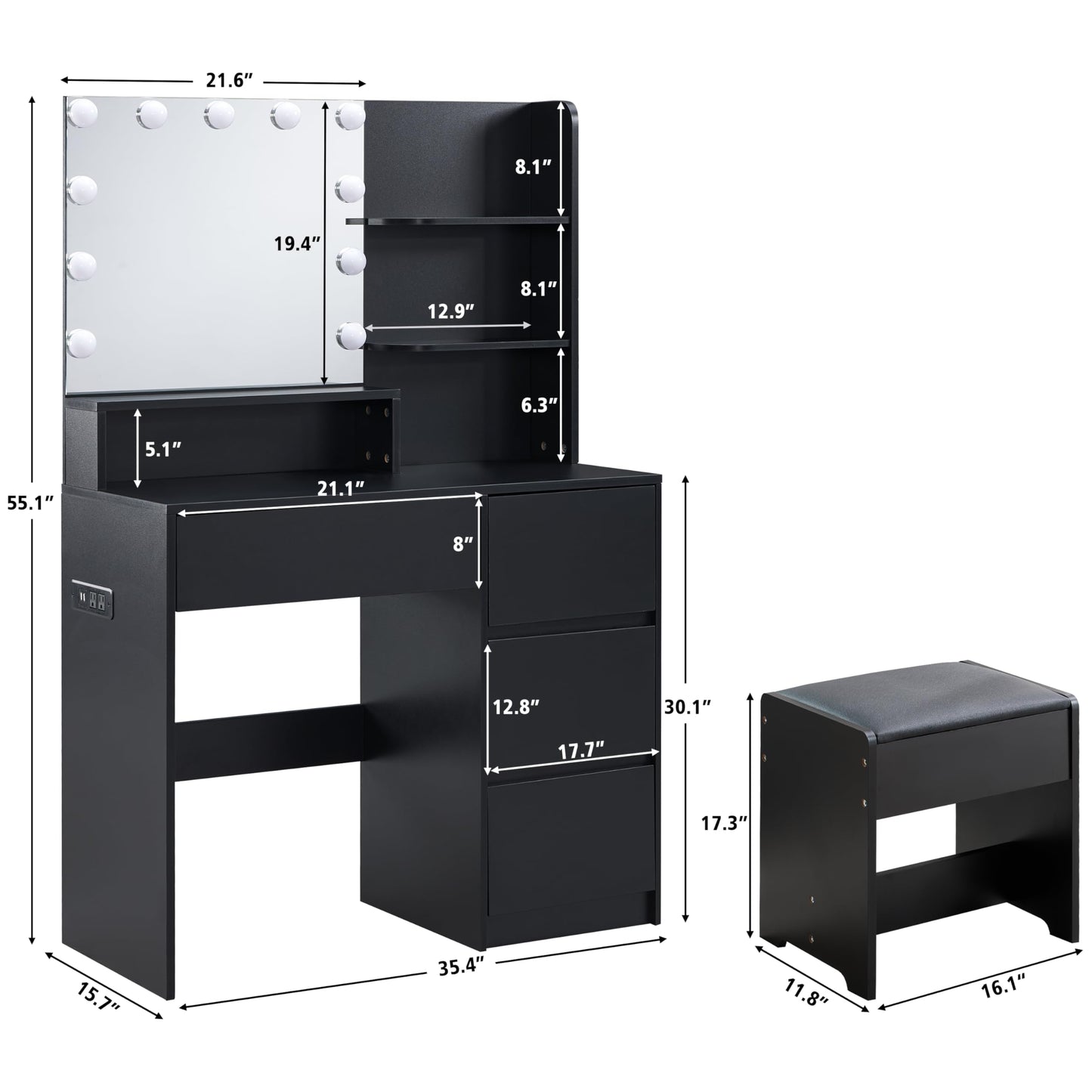Alaxgumrol Black Vanity Desk with Mirror and Lights- Makeup Vanity Table Set with Power Outlet, 4 Drawers and Stool, Small Makeup Table with 3 Lighting Color Adjustable for Bedroom