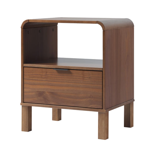 Walker Edison Modern Curved-Top Solid Wood 1-Drawer Nightstand with Open Cubby, 24 Inch, Brown