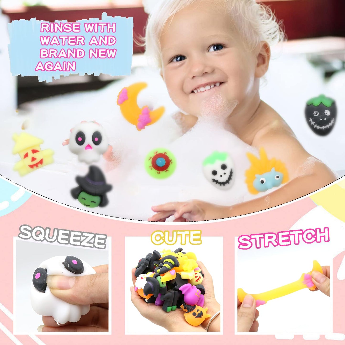 50 Pcs Halloween Mochi Squishy Toy Party Favors ,Mini Squishies Cute Squeeze Toy Stress Reliever Anxiety Packs for Boys and Girls