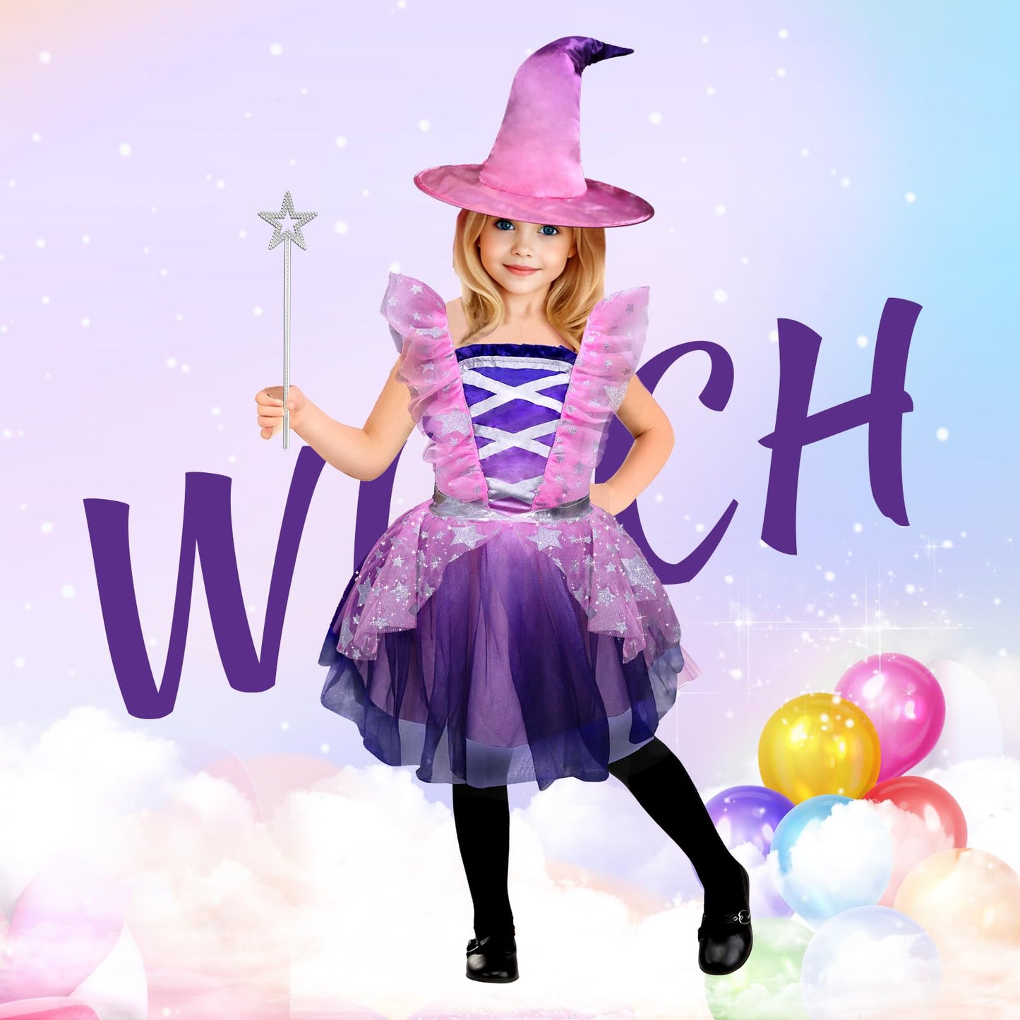XXLOG Witch Costume for Girls Princess Dress with Hat and Wand Party Halloween Costumes for Kids S
