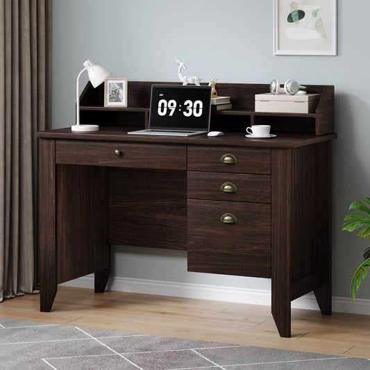 4 EVER WINNER Small Desk with Drawers, Wood Desk with Monitor Stand, Computer Desks with File Drawer, Small Spaces, Espresso