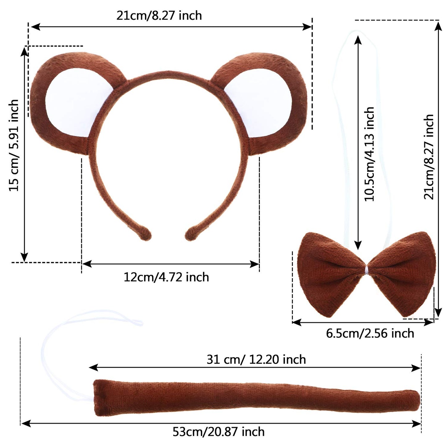 WILLBOND 3 Pcs Monkey Costume Kids Monkey Ears Headband Tail and Bowtie for Adults Halloween Cosplay Costume