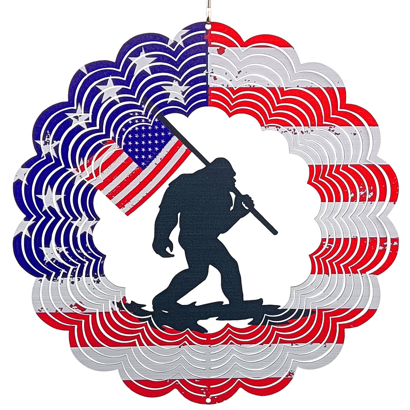 3D Patriotic Bigfoot Wind Spinner Decor - 12 Inch Metal Garden Art, Rust-Proof Outdoor Hanging Decorations, Patriotic American Flag Design, for Outdoor Lovers (Bigfoot)