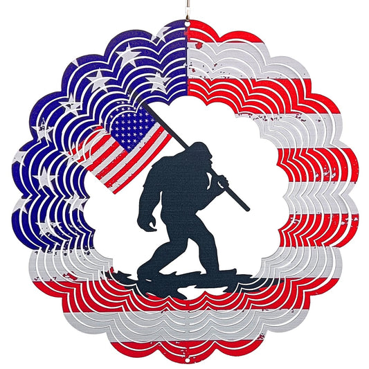 3D Patriotic Bigfoot Wind Spinner Decor - 12 Inch Metal Garden Art, Rust-Proof Outdoor Hanging Decorations, Patriotic American Flag Design, for Outdoor Lovers (Bigfoot)