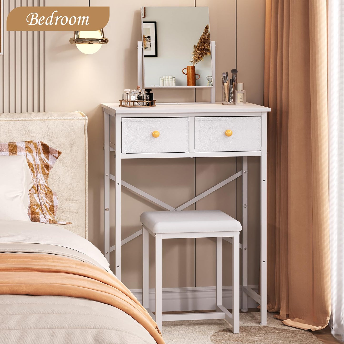 X-cosrack Small Makeup Vanity Desk with Mirror & Chair, Mini Vanity Desk Table Set with Fabric Storage Drawer, 19.7" Compact Vanity Desk for Girls, Dressing Table with Chair for Bedroom, White