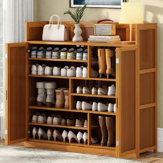 WMIASIN Bamboo Shoe Cabinet, 8-Tier Shoe Cabinet with Doors, 36-40 Pairs Freestanding Shoes of Heels Sneakers,Shoes Organizer Rack for Entryway, Hallway, Living Room