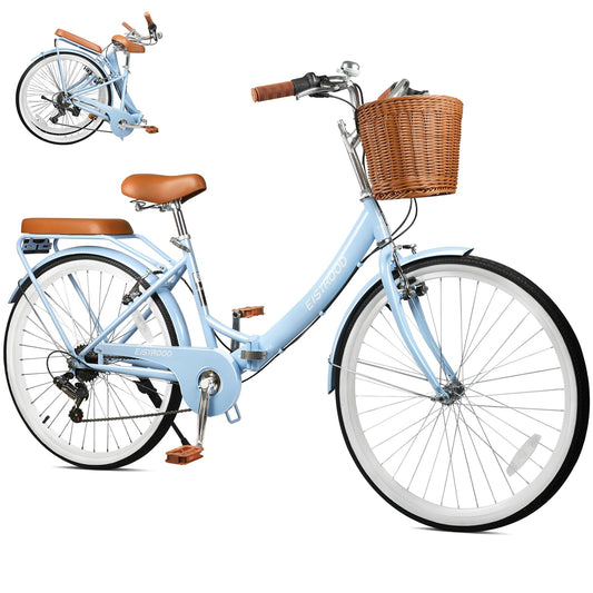 26 Inch Foding Bike, 7 Speed Women Beach Cruiser, Foldable Cruiser Bike with Adjustable Seat, Folding Commute Bike with Lightweight, Anti-Skid Tires & V-Brakes for Women (Blue)