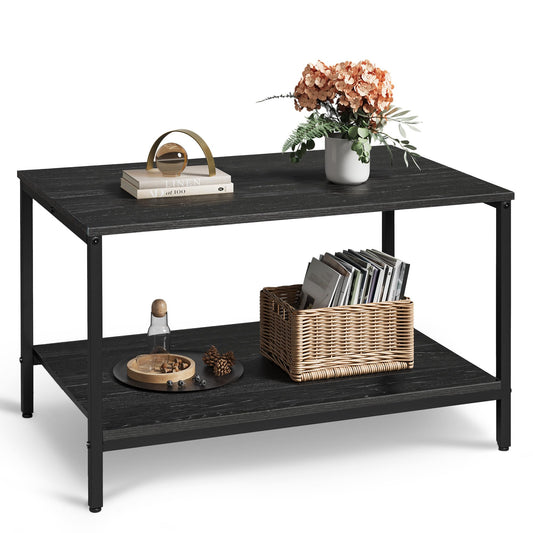 WLIVE Small Coffee Table for Living Room, 31.3" Modern Industrial Coffee Table with Storage Shelf & Metal Frame, 2-Tier Wood Center Table for Small Spaces Apartment, Home, Charcoal Black