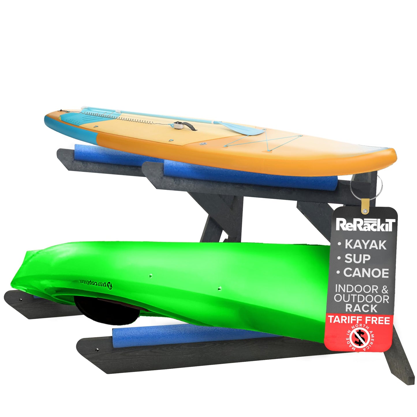 ReRackiT - Poly Kayak Storage Rack Freestanding Kayak Racks for Outdoor Storage, Garage Or Indoors - Heavy Duty Holder for Kayaks - Stand for SUP - Canoe Rack (2 Level (Holds 2 Crafts))