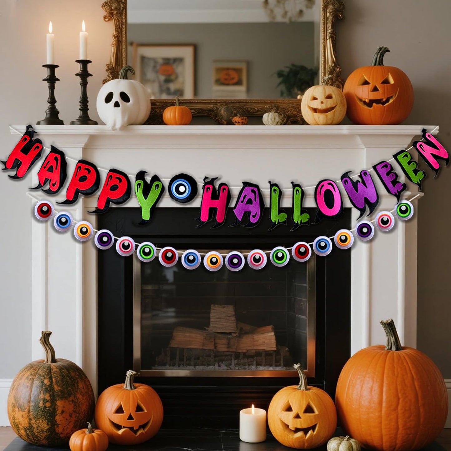 2Pcs Felt Halloween Banner Decorations, Pre-Strung Happy Halloween Garland with Eyeballs, Reusable Halloween Party Decorations for Mantle Wall Mantel Fireplace Home Indoor Outdoor Décor