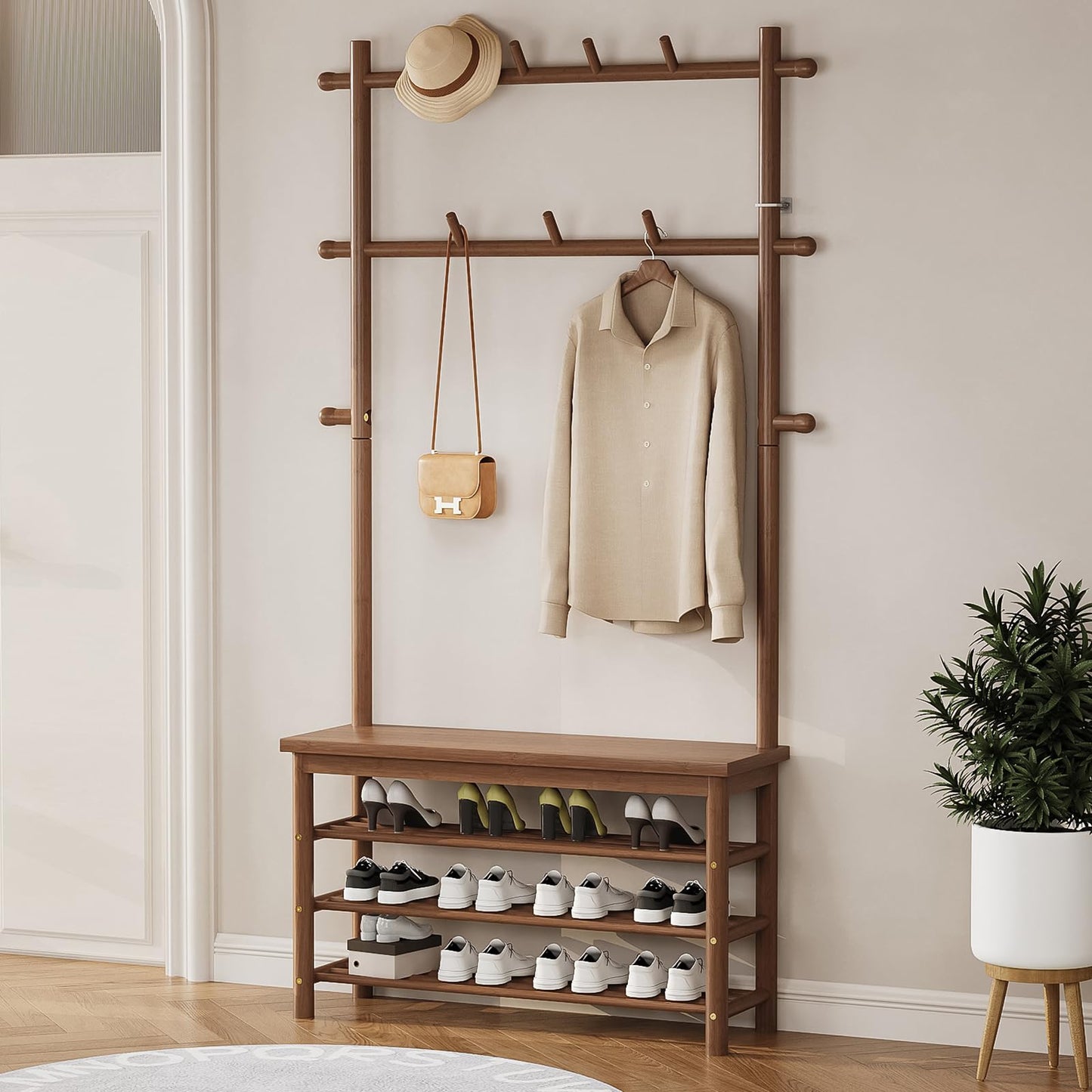 Welfuturer Bamboo Hall Tree with 13 Hook, 6-in-1 Entryway Bench with Coat Rack Freestanding, Coat Rack with Shoe Storage Bench Organizer for Mudroom, Bedroom, All-in-One Shoe Rack,Walnut