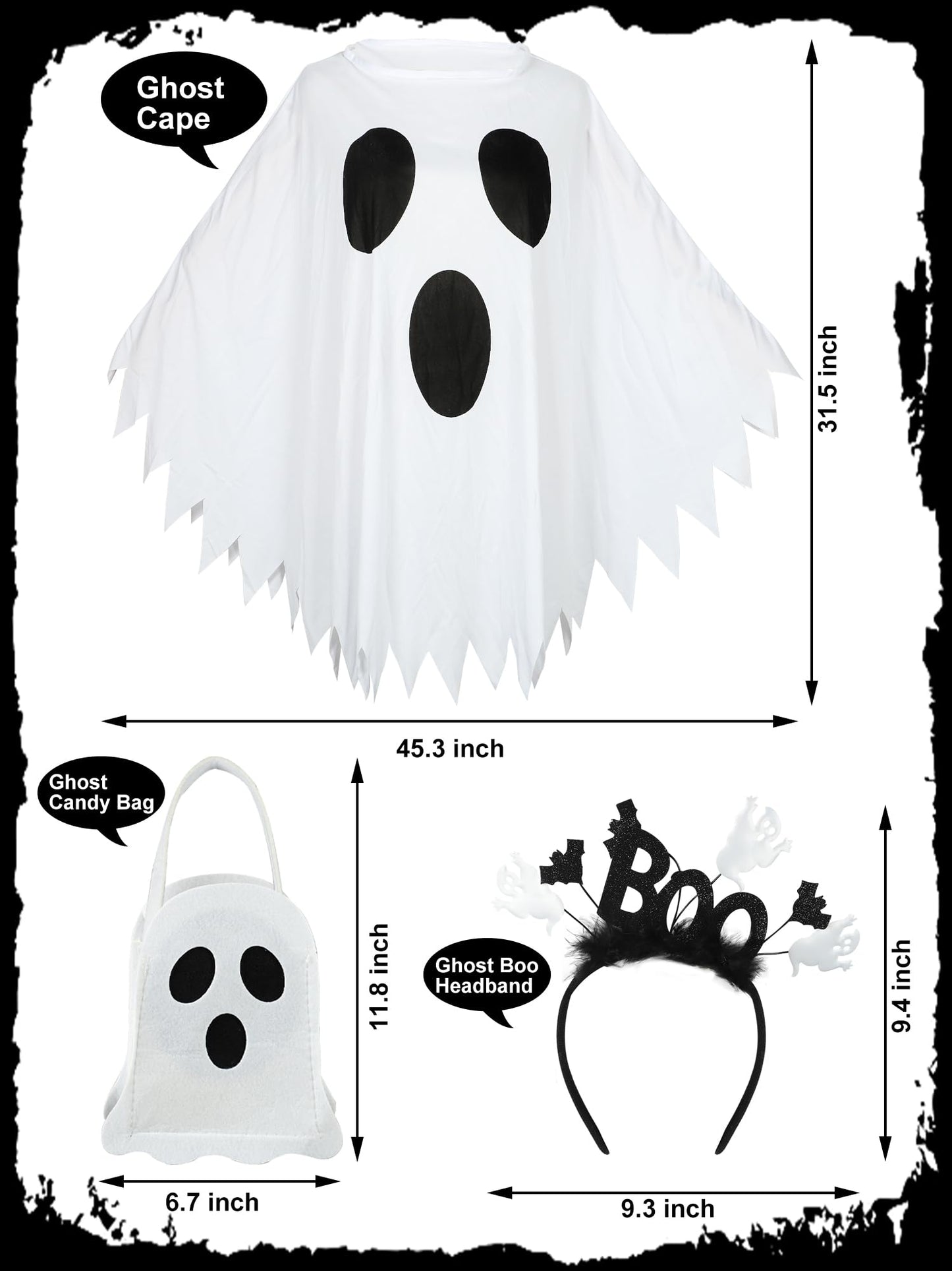 3PCS Halloween Costume Set Women Ghost Costume with White Ghost Poncho Boo Headband Candy Bag Halloween Ghosts Cape Outfit for Halloweens Cosplay Party