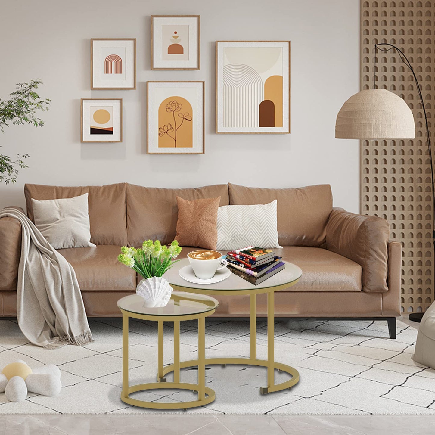 aboxoo Gold Nesting Coffee Table Set of 2, Small Glass Round Nesting Tables for Living Room Bedroom, Accent Tea Table with Metal Frame Modern Industrial Simple
