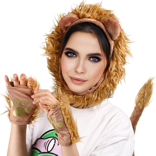 Abaodam Lion Costume Adult 1 Set Animal Costume Lion Paws Fingerless Gloves Ear Headband Ears Headband Ears Paw Gloves Fake Tail Makeup Halloween