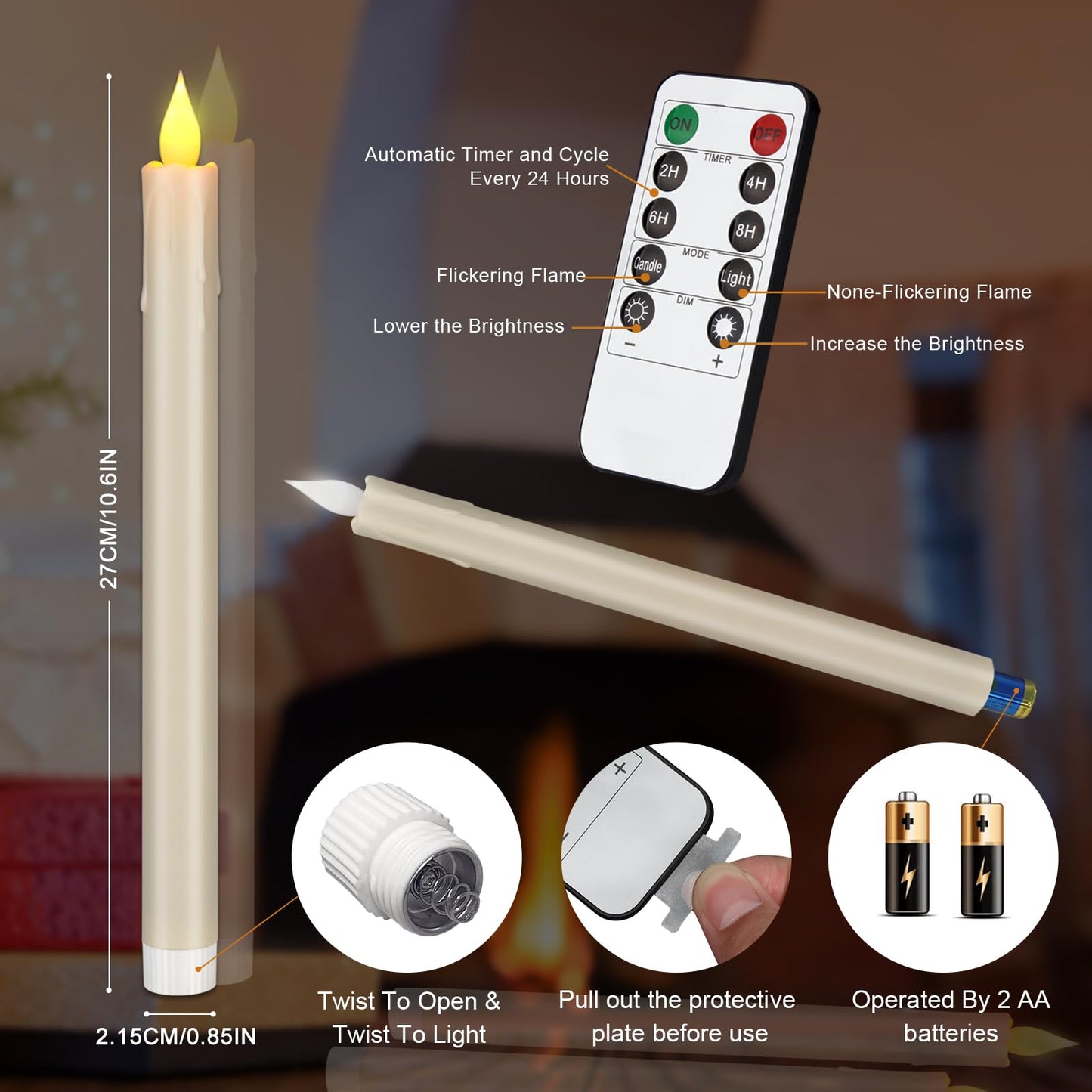 wemarry Flameless Taper Candles 10.6" Dripless Battery Operated with Remote Timer 6 Pack, 400+ Hours by 2 AA Batteries for Home Decor, Candlelight Dinner, Weddings