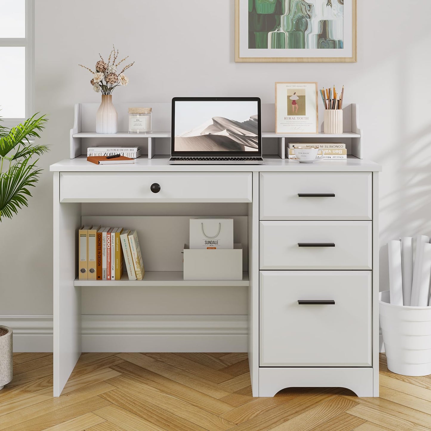 4 EVER WINNER White Desk with Drawers, Small Computer Desk with File Drawer for Small Spaces, Home Office Desks with Monitor Stand Wood Table for Study Writing, White