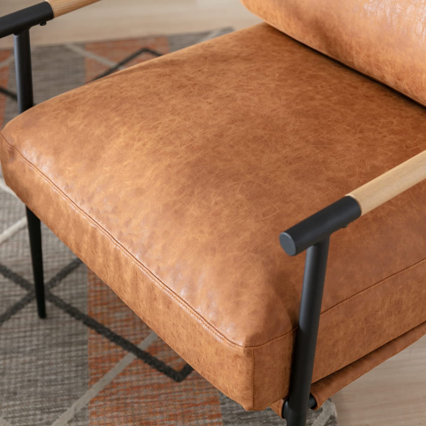 Ya-Home Mid-Century Accent Chair Set of 2, Soft Armchair PU Leather Lounge Chair with Black Metal Legs, Upholstered Leisure Chair for Living Room Bedroom Reception Room, Brown