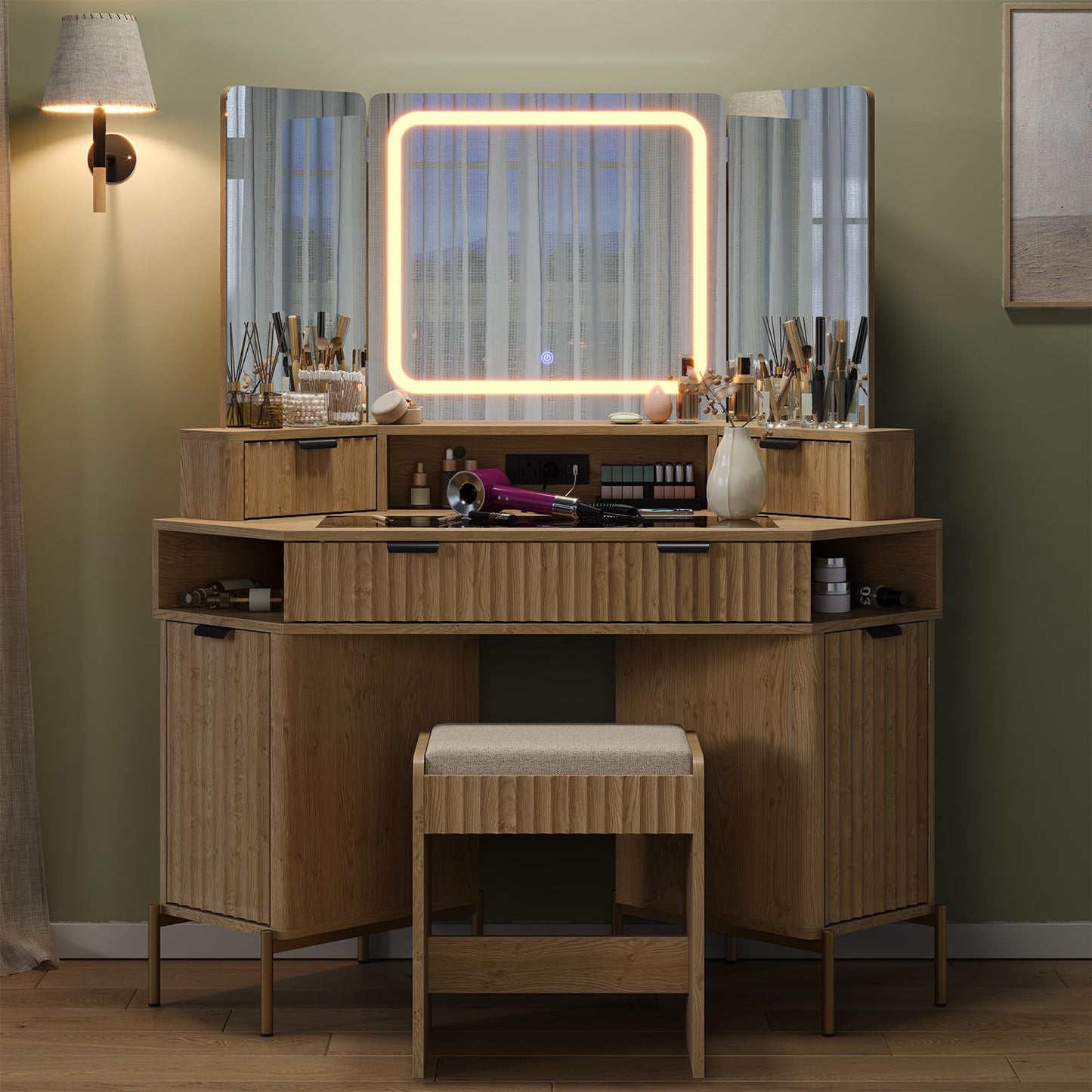 48'' Modern Vanity Desk with HD Triple Mirror & Lights,Large Corner Vanity Table with Glass Top, Charging Station,1Multifunctional Drawers & 2 Small Drawers, Dressing Table Set with 2 Cabinets, Oak